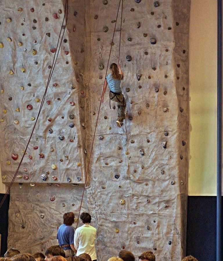 Climber high on a tall indoor climbing wall while kids watch from below